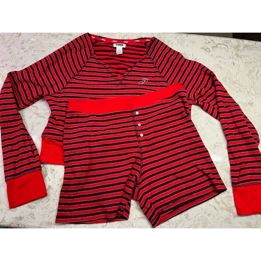 PINK Victoria's Secret Red & Black Striped Two-Piece Pajama Set L Thermal